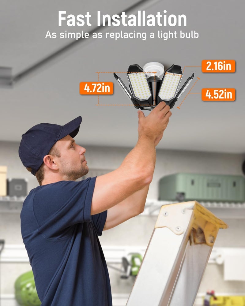 Adiding LED Garage Ceiling Light, 4 Pack 40000Lm Bright Screw into E26 E27 Socket LED Basement Lighting, 6+1 Deformable Panels, Daylight 6500K for Pole Barn Workshop Attic Porch Storage Room Low Bay - Image 3